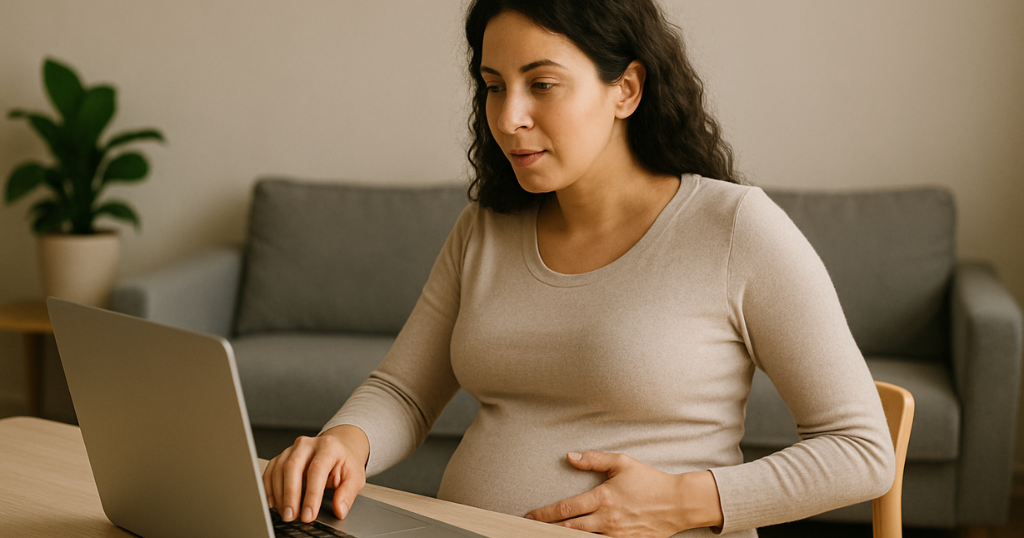 Mulher grávida usando um laptop em casa, pesquisando sobre a conversão de semanas em meses de gestação, sentada à mesa em um ambiente acolhedor.