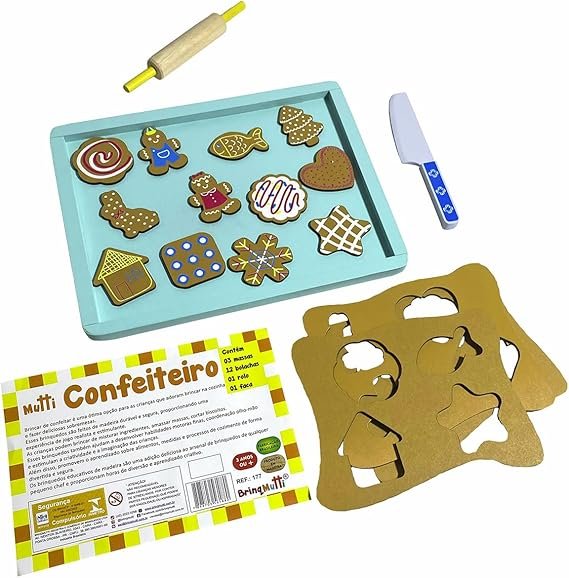 kit confeiteiro montessoriano com peças em madeira, ideal para estimular criatividade e coordenação motora infantil