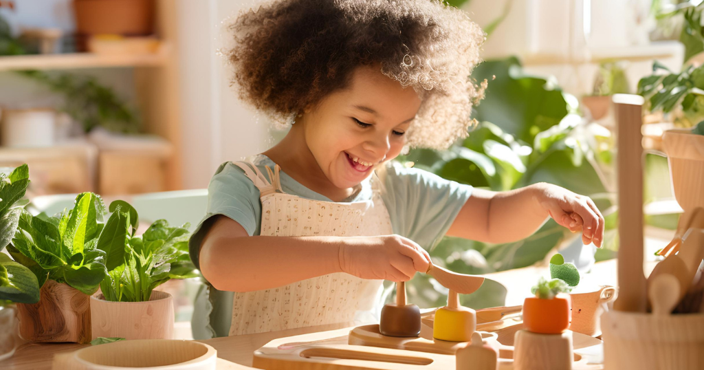 criança sorrindo enquanto brinca com brinquedos montessorianos educativos de madeira