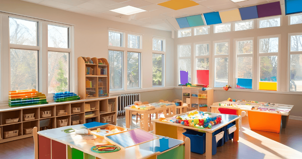 ambiente escolar Montessori amplo, organizado e colorido com materiais pedagógicos para crianças pequenas