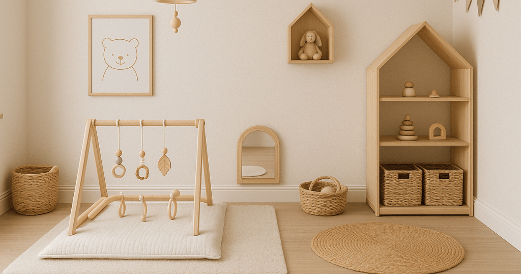 Um quarto montessoriano para bebê com formato retangular, decorado em tons neutros e materiais naturais.